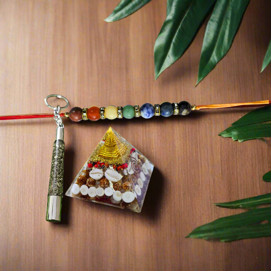 Rakhi Gift Combo for Brother – Pyrite Druzy Ethnic Pipe Keychain (5.5"), Designer 7 Chakra Rakhi, Laxmi Abundance Crystal Pyramid – for wealth, money and growth.