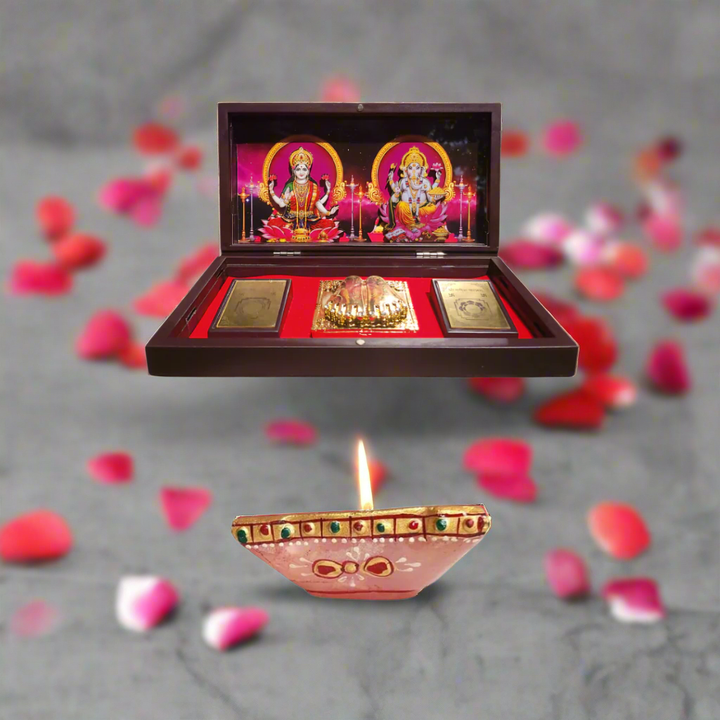 Diwali Pooja Laxmi Ganesh Mandir & 4-Flame Crystal Diya Set.