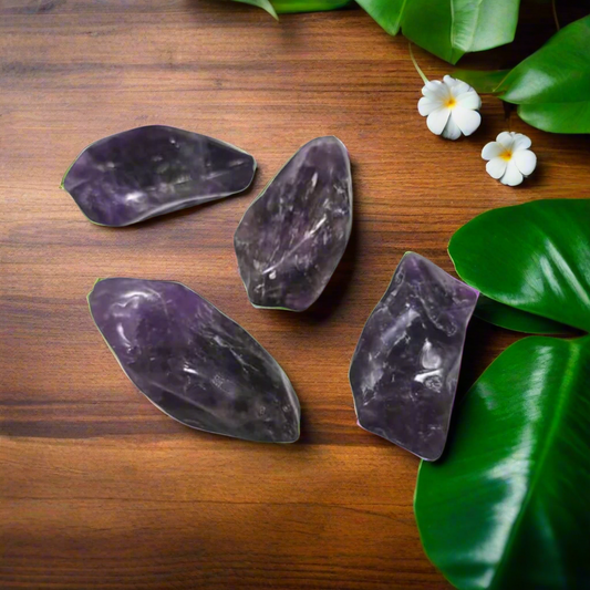 Amethyst Crystal Tumbled Stones Set of 4 – Natural Long Tumbles for Healing, Meditation, Chakra Balancing, Reiki, Energy Work & Crystal Decor