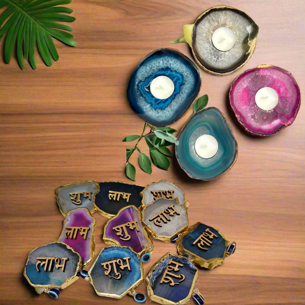 Decorative Diwali Combo, Agate Candle Holder & Shubh Labh Sticker | Crystal Tea Light Holder & Decorative Agate Sticker Set for Home Entrance & Pooja | Festive Gift for Positive Energy & Vastu