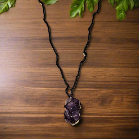 Handmade Amethyst Tumble Stone Necklace – Natural Healing Crystal Wrapped in Black Thread Cord – Unisex