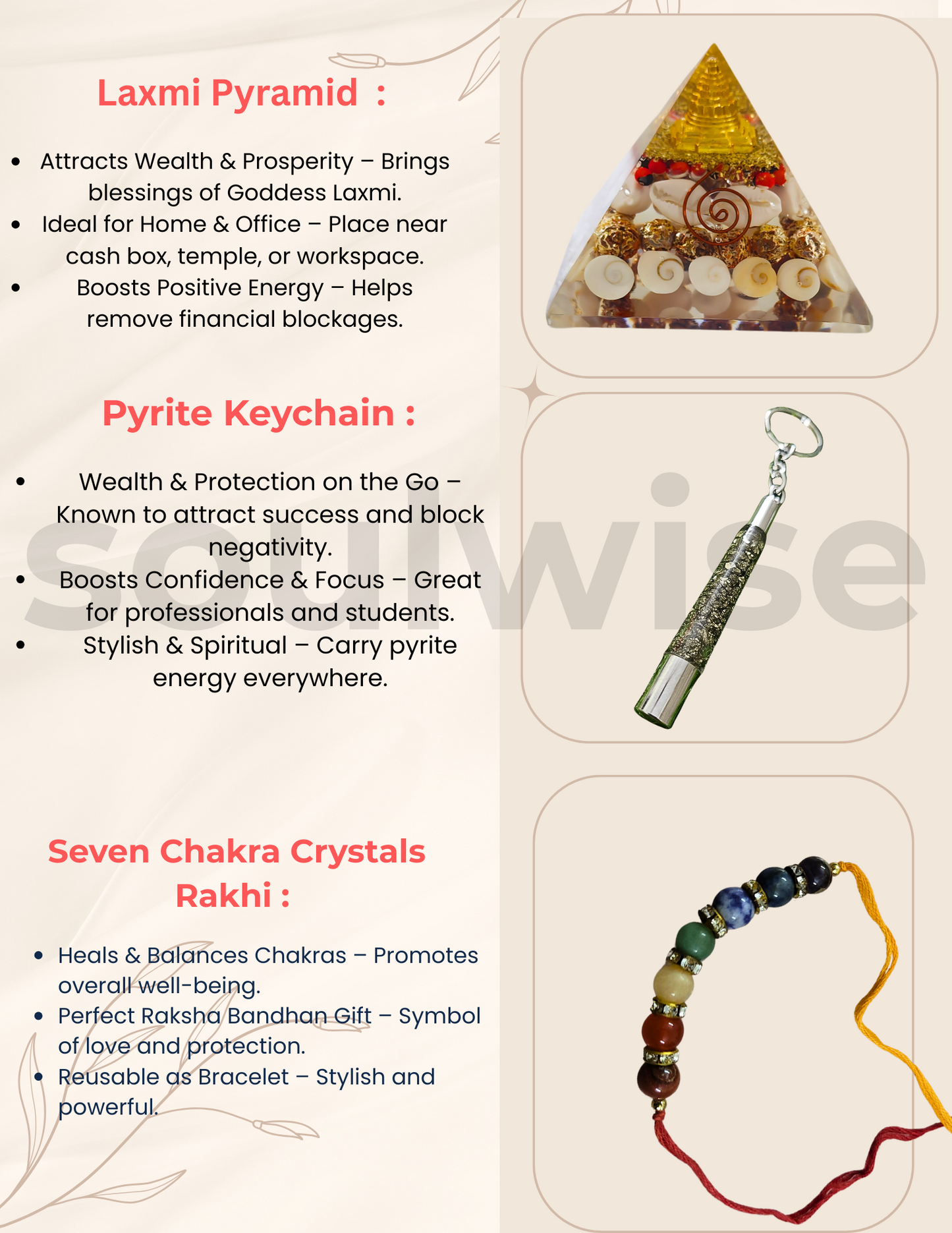 Rakhi Gift Combo for Brother – Pyrite Druzy Ethnic Pipe Keychain (5.5"), Designer 7 Chakra Rakhi, Laxmi Abundance Crystal Pyramid – for wealth, money and growth.