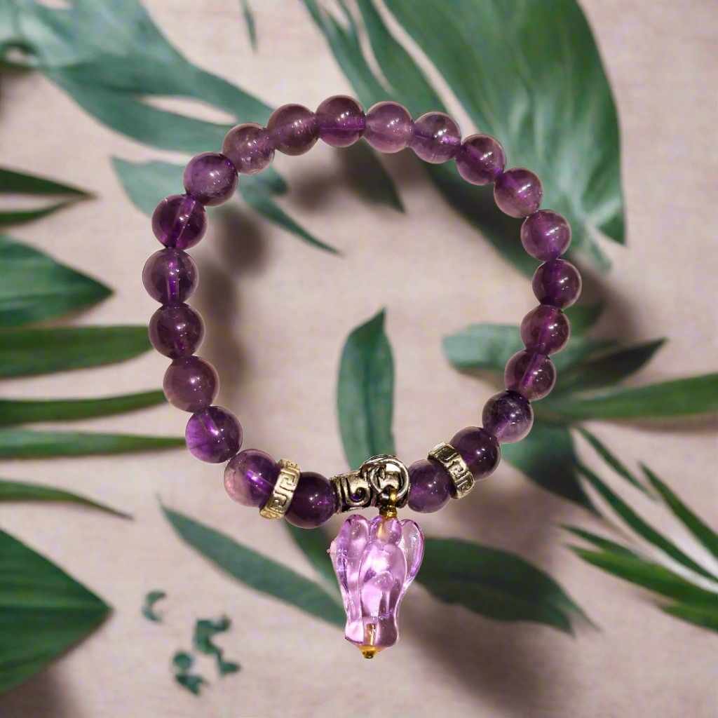 Amethyst 8mm Natural Crystal Healing Bracelet with Angel Charm