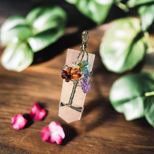 Soulwise Tree of Life 7 Chakra Pendant on Rose Quartz Base – Healing Crystal Necklace for Emotional Balance, Spiritual Growth & Chakra Alignment – Handcrafted Natural Rose Quartz Jewelry