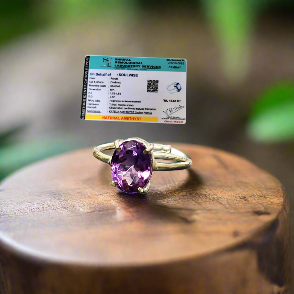 Amethyst Gemstone Certified Ring, Adjustable