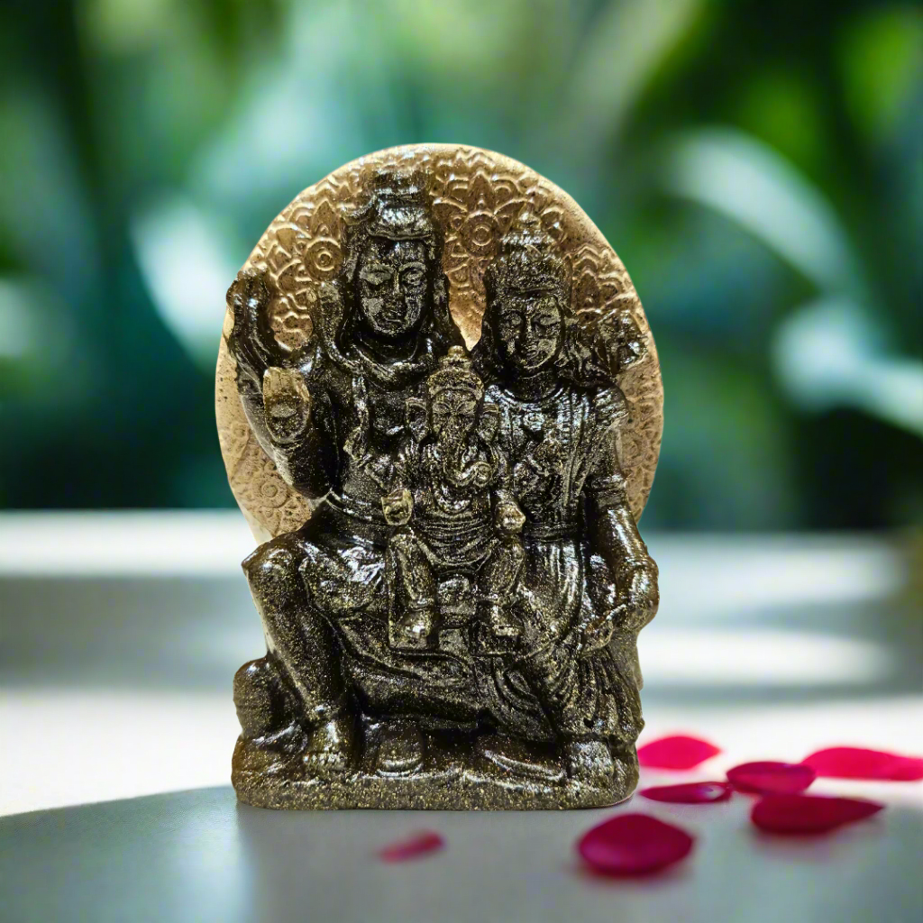 Divine Family Statue of Lord Shiva, Parvati, & Ganesha |Pyrite Shiva Parivar Idol | Prosperity & Protection Figurine for Home Temple, Vastu, Meditation & Spiritual Gifts.