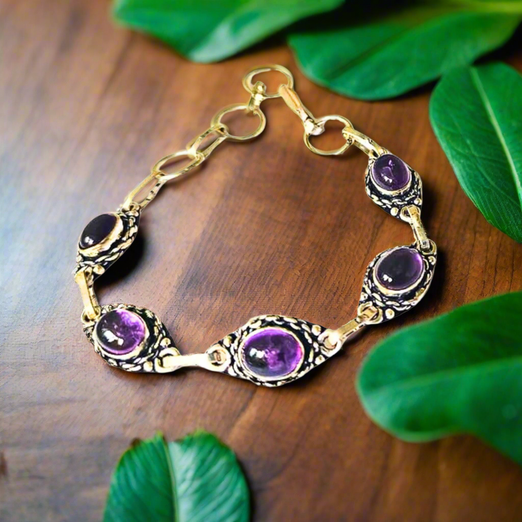 Amethyst Crystal Embedded Healing Bracelet – Natural Gemstone Energy Bracelet for Meditation, Stress Relief & Chakra Balancing