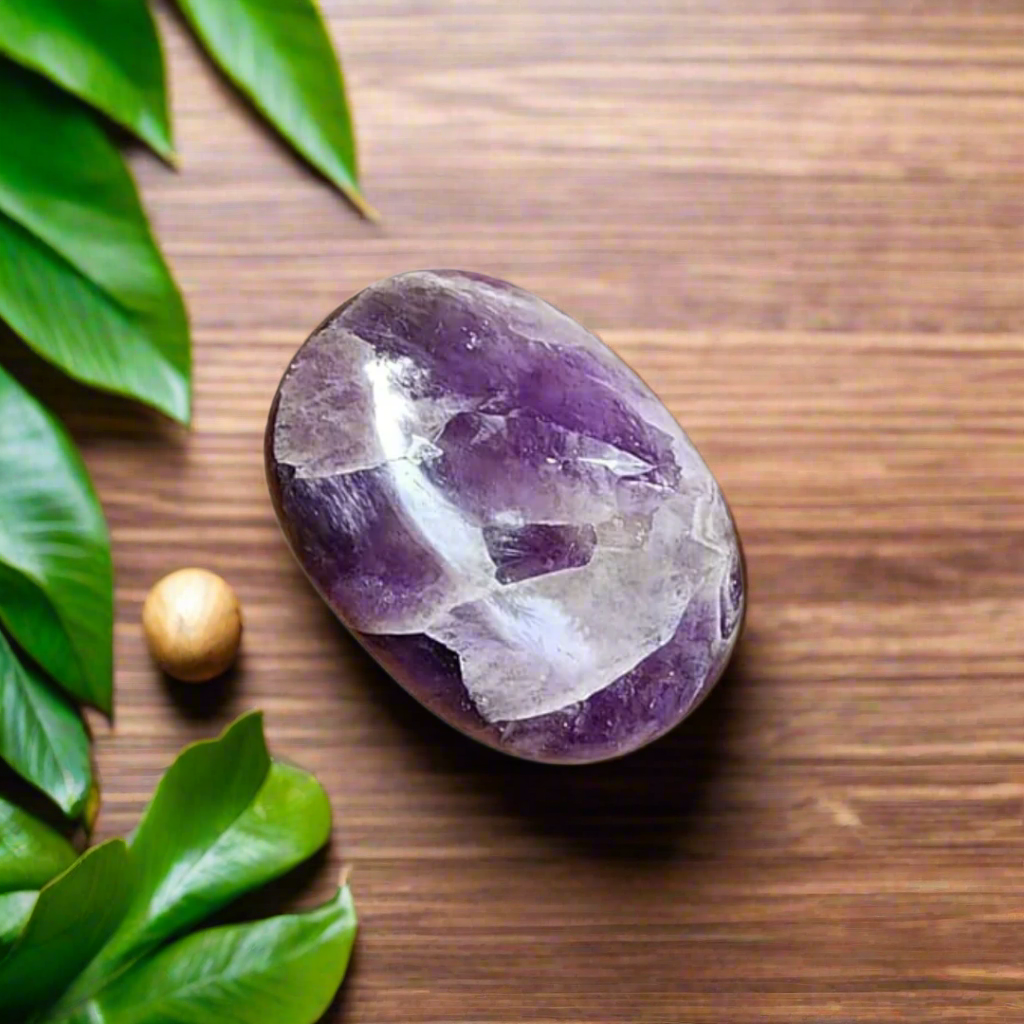 Natural Amethyst Palm Stone – Healing Crystal for Meditation, Stress Relief & Energy Balancing – Pocket-Sized Worry Stone