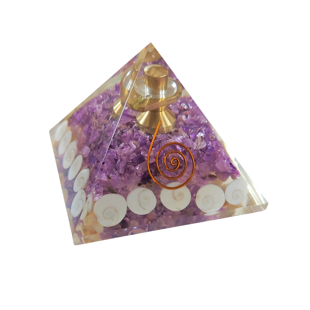 Soulwise Orgonite Pyramid with Amethyst Crystal, Gomti Chakra & Shivling – 7 cm Energy Generator for Vastu, Meditation, Healing & Home Decor