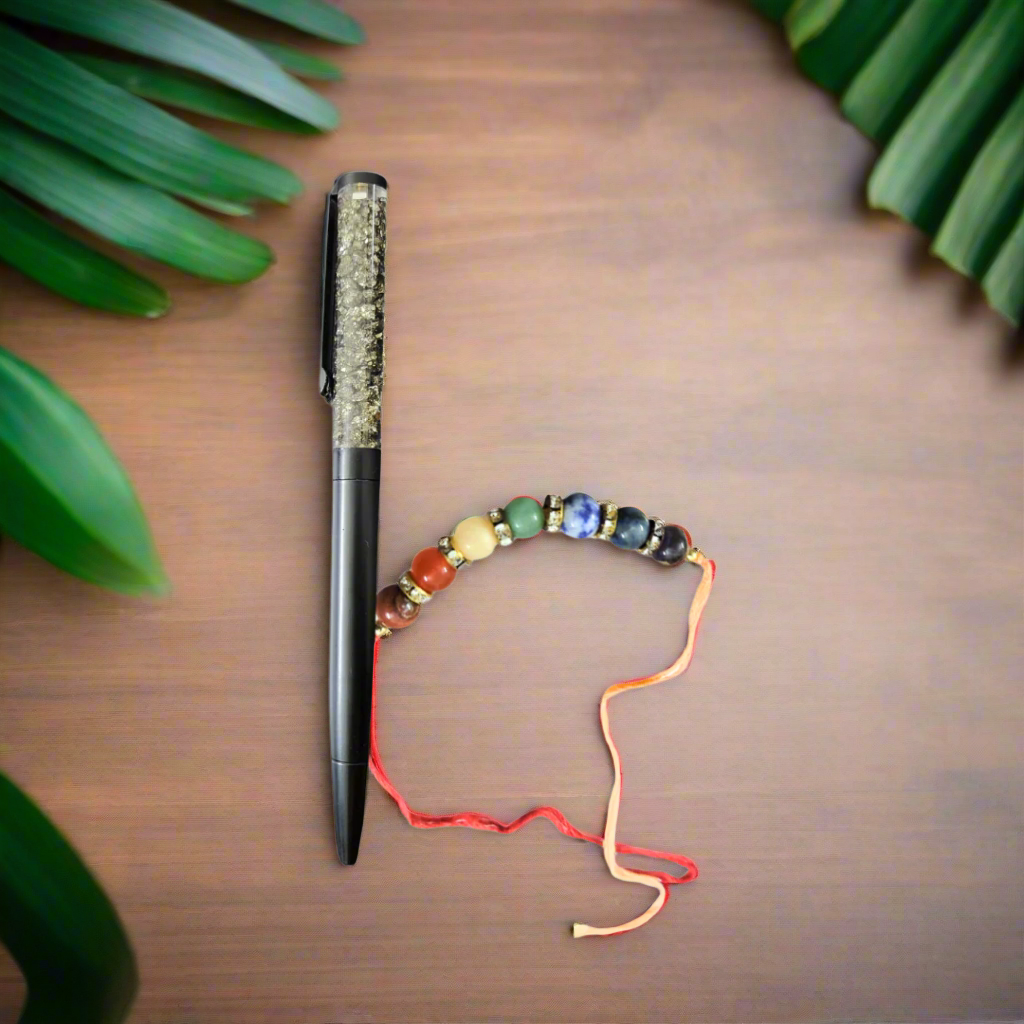 Power & Protection Rakhi Gift Set for brother – Pyrite Crystal Ball Pen + Designer 7 Chakra Rakhi – Pyrite Pen & Chakra Rakhi A Raksha Bandhan Gift
