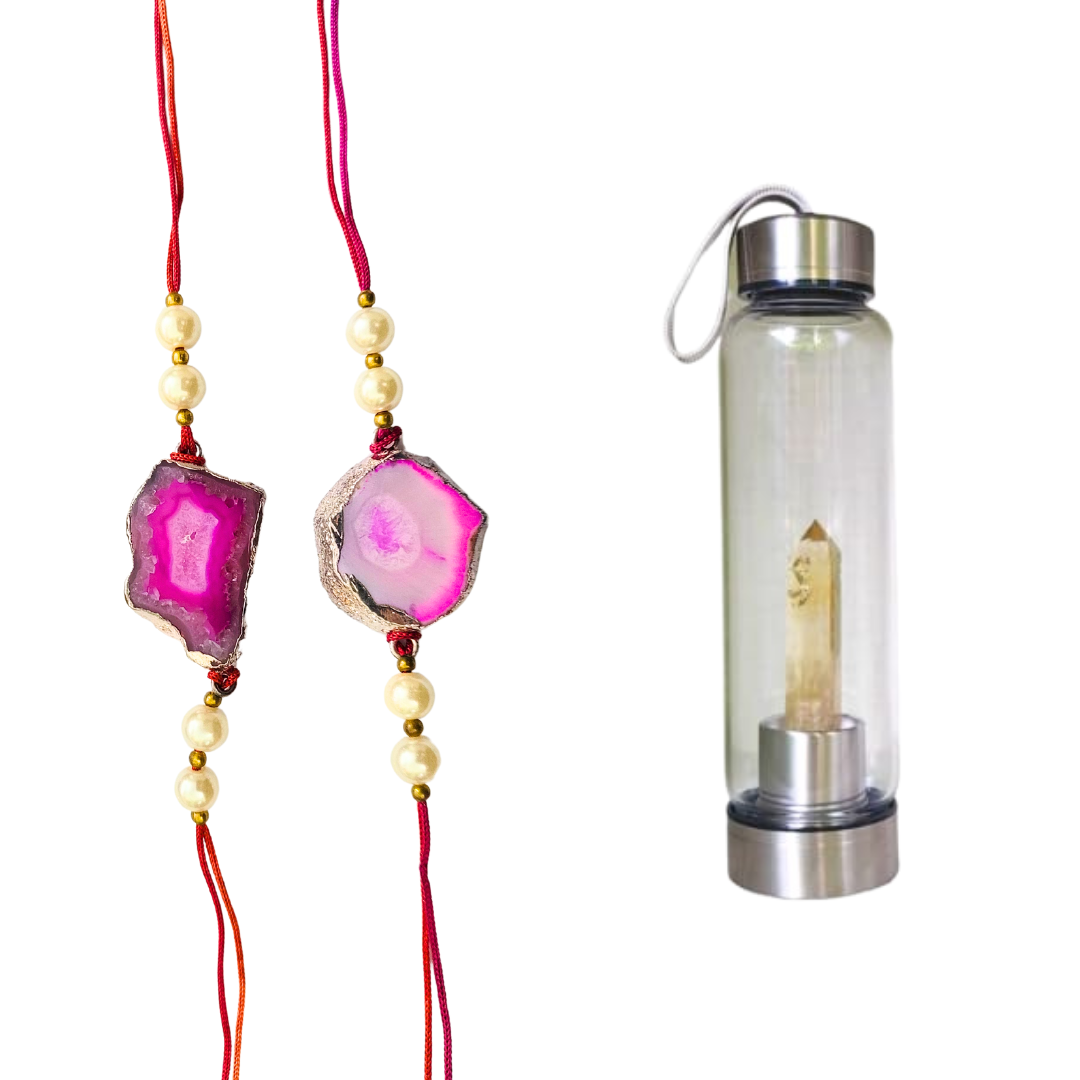 Rakhi Gift Hamper for Brother – Natural Agate Crystal Rakhi Band with Citrine Crystal Elixir Water Bottle (500 ml) – Spiritual Healing & Wellness Raksha Bandhan Combo.(Pack of 1 Rakhi & Bottle))