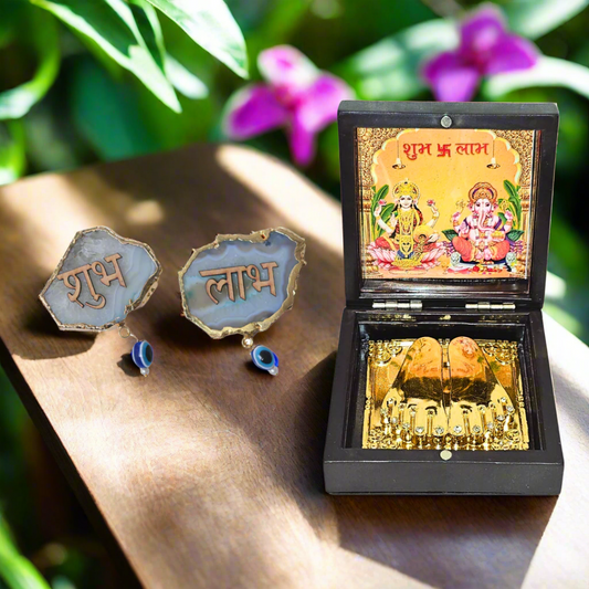 Shubh Diwali Combo – Laxmi Ganesh Pocket Temple + Natural Agate Shubh Labh Door Sticker | Auspicious Gift for Home Entrance & Puja