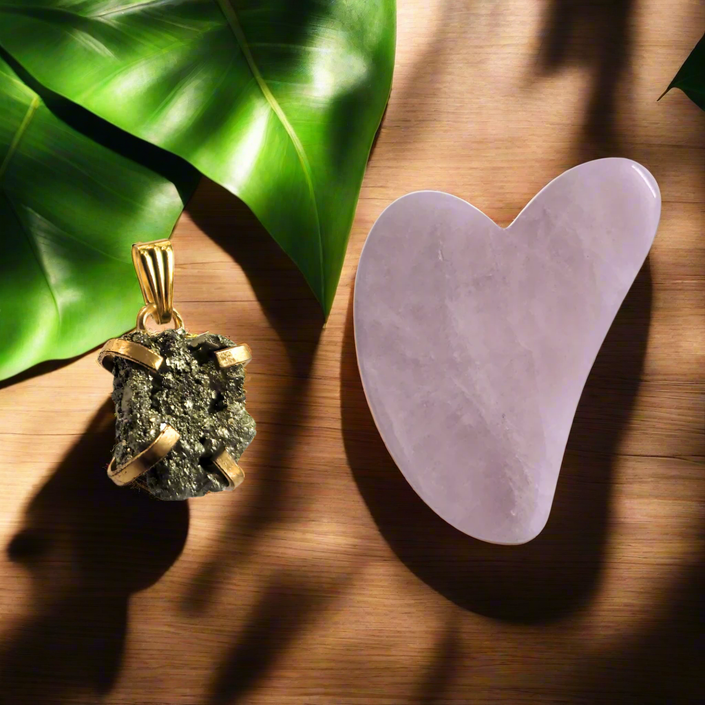Rakhi Gift Combo – Raw Pyrite Crystal Pendant+ Rose Quartz Gua Sha Tool | Healing Energy & Skincare Ritual Love, Glow & Wellness Set for Your Sister