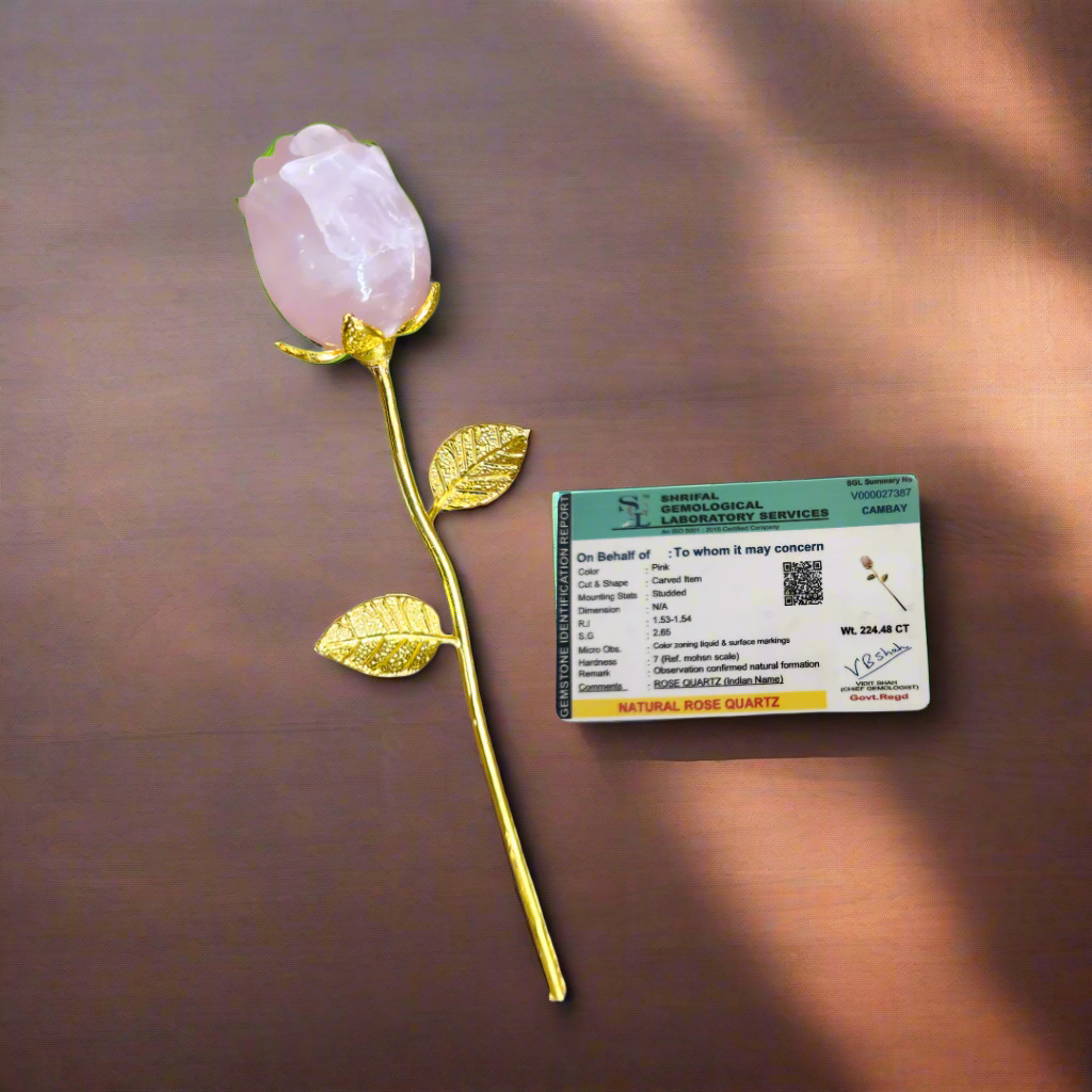 Natural Rose Quartz Crystal Rose with Gold-Toned Stem