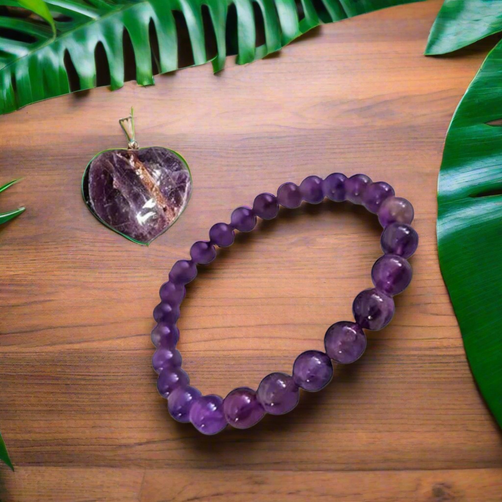 Natural Amethyst Crystal Bracelet (8mm) & Heart-Shaped Pendant Necklace Set – Healing, Protection & Spiritual Balance