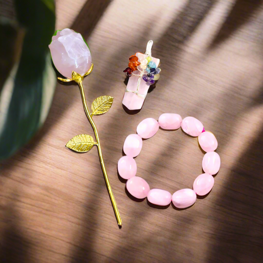 Combo Rose Quartz Tumble Bracelet, Chakra Tree of Life Charm Rose Quartz Pendant & Rose Quartz Flower - Valentine Gift Set