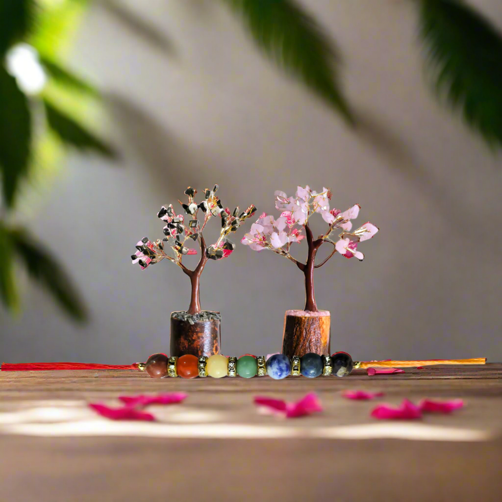 Soulwise Rakhi Gift for Brother – Rose Quartz & Pyrite Crystal Tree Set with Wooden Base (6") + Designer 7 Chakra Healing Stone Rakhi – Raksha Bandhan Special Combo Gift.
