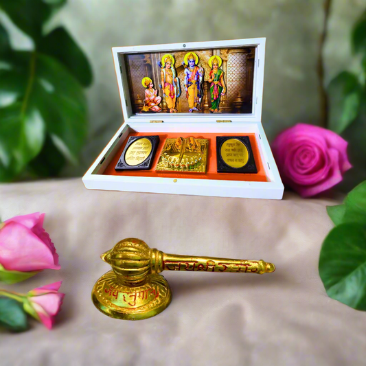 Authentic Diwali Pooja Combo | Ram Darbar Idol with Sidh Hanuman Ji Gadda with Stand – 3 Inch Gold-Plated | | Auspicious Decor for Prosperity & Protection