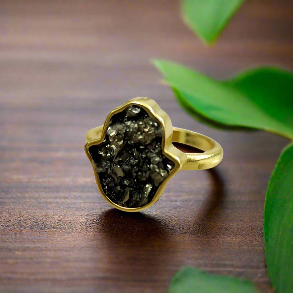 Pyrite Ring with Hamsa Hand Charm, Adjustable Unisex