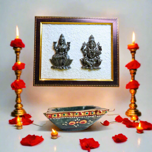 Diwali Special Combo – Maa Laxmi & Lord Ganesh Crystal Frame with Pyrite & Selenite + Hanuman Ji Gada 3" Gold-Plated with Stand | Spiritual Vastu Gift for Home & Office Decor