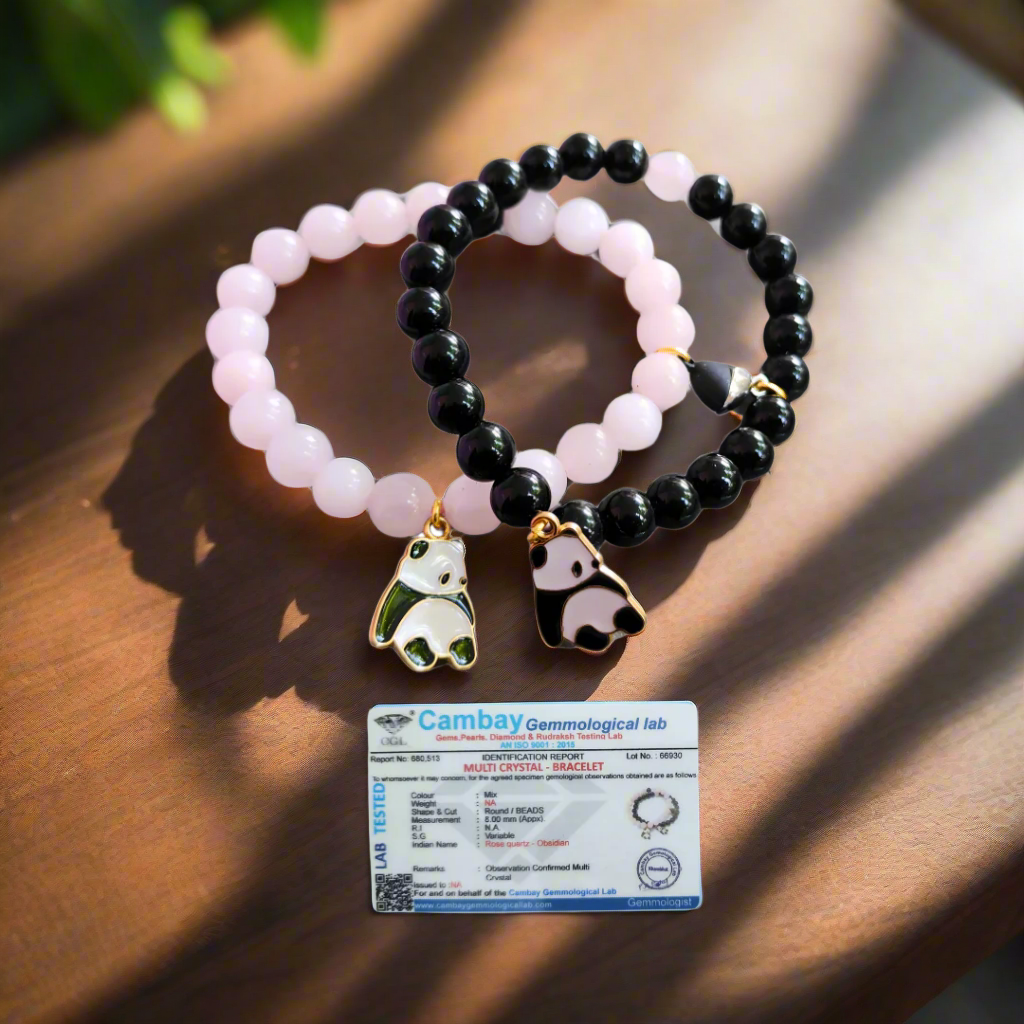 Couple Bracelet Set Rose Quartz Obsidian Beads, Bear Charm