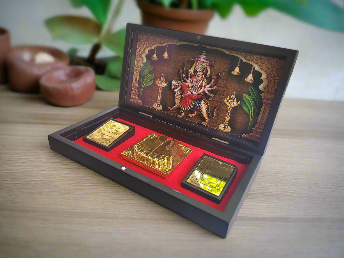 Maa Durga Pocket Temple with Devi Yantra, Mantra & Charan, Gold Plated, 1 Piece 8"x5", Navratri/Diwali Gift