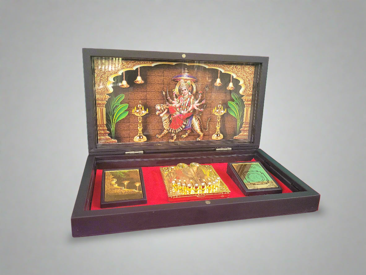 Maa Durga Pocket Temple with Devi Yantra, Mantra & Charan, Gold Plated, 1 Piece 8"x5", Navratri/Diwali Gift