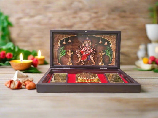 Maa Durga Pocket Temple with Devi Yantra, Mantra & Charan, Gold Plated, 1 Piece 8"x5", Navratri/Diwali Gift