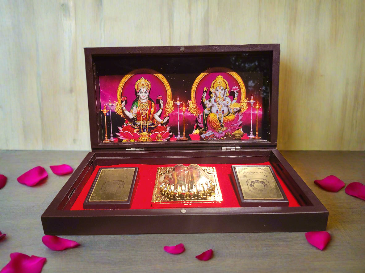 Diwali Spiritual Gift |Laxmi Ganesha Pocket Temple with Laxmi Yantra, Ganesh Yantra, & Charan, Gold Plated, 1 Piece 8"x5", Diwali Gift & Home Decor