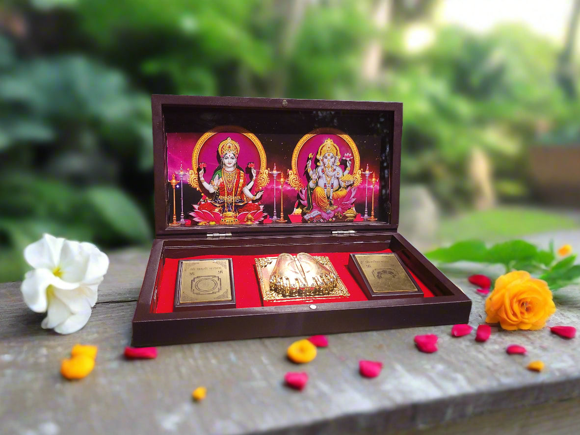 Diwali Spiritual Gift |Laxmi Ganesha Pocket Temple with Laxmi Yantra, Ganesh Yantra, & Charan, Gold Plated, 1 Piece 8"x5", Diwali Gift & Home Decor