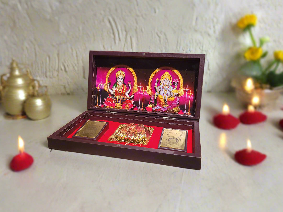 Diwali Spiritual Gift |Laxmi Ganesha Pocket Temple with Laxmi Yantra, Ganesh Yantra, & Charan, Gold Plated, 1 Piece 8"x5", Diwali Gift & Home Decor
