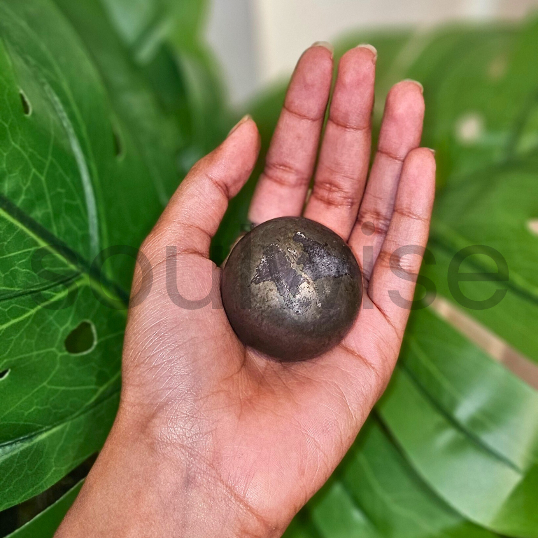 Soulwise Natural Pyrite Crystal Sphere – Golden Energy Stone for Prosperity, Positive Vibes & Home Decor.