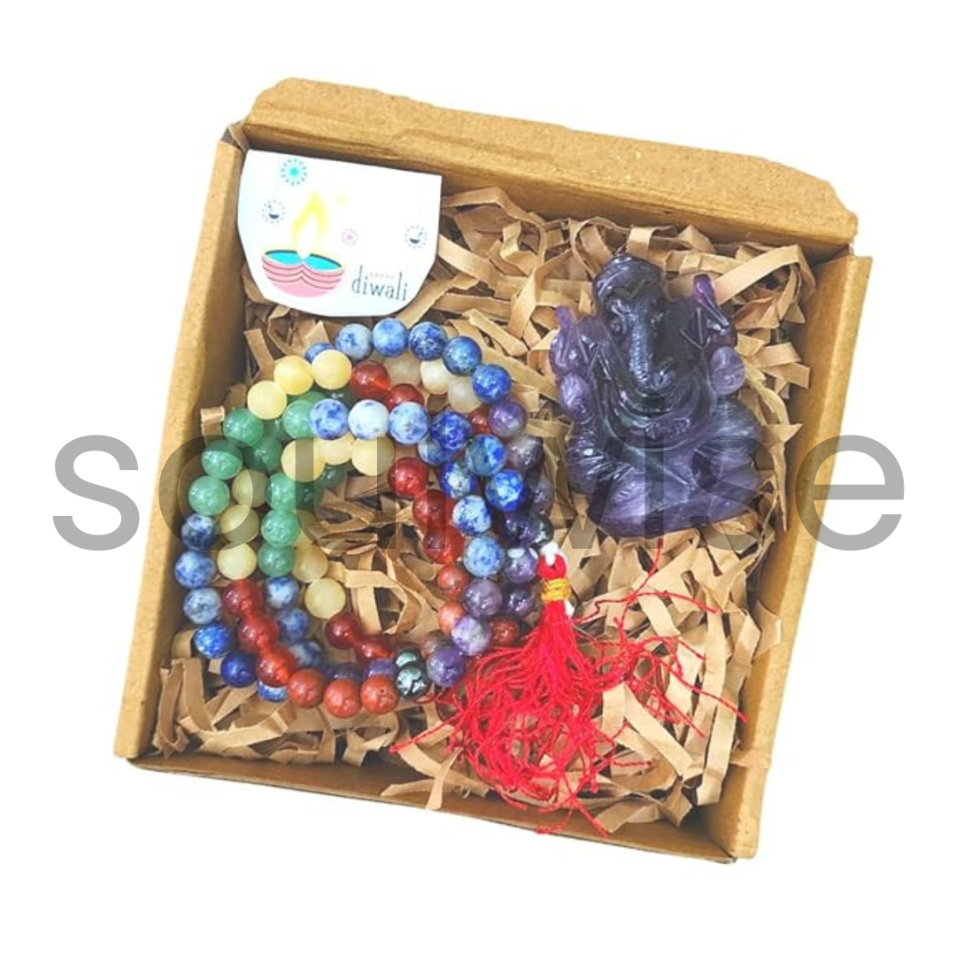 Diwali Worship Combo Pack |Amethyst Ganesha 2" with 7 Chakra jaap mala, necklace,Crystal Gift Combo.