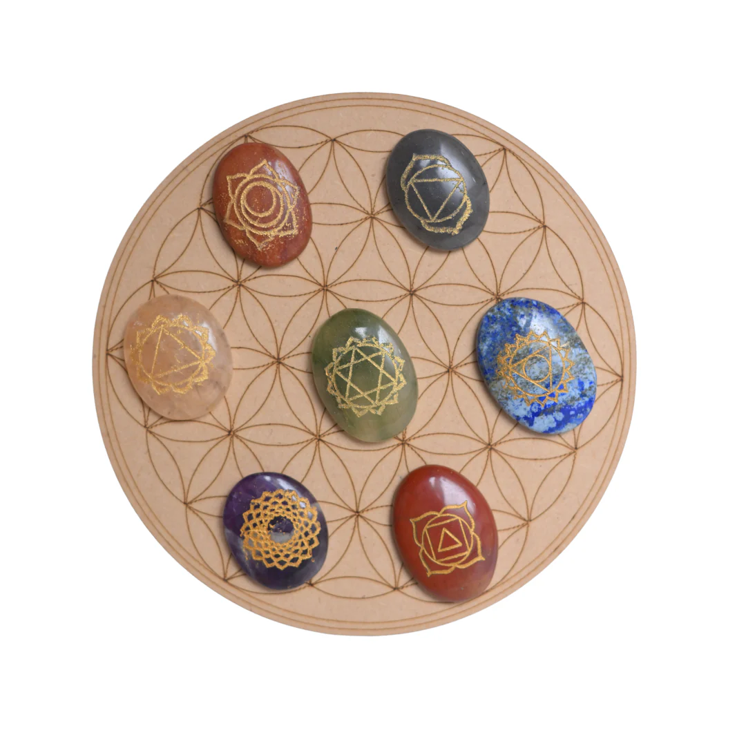 Chakra crystal set on flower of life grid
