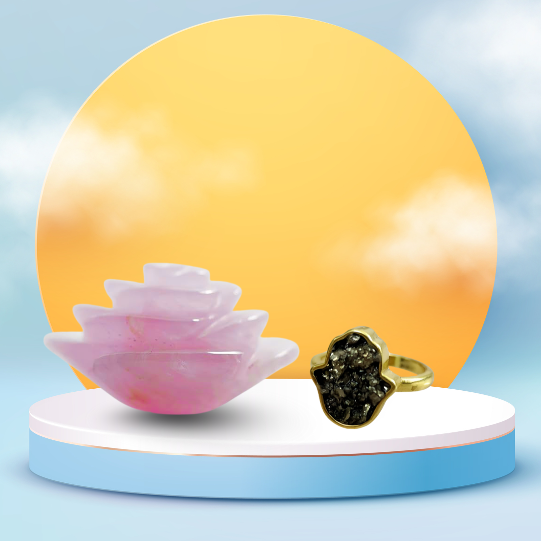 Rakhi Gift for Sister – Rose Quartz Crystal Flower & Pyrite Hamsa Ring – Protective Jewelry & Healing Decor Duo.