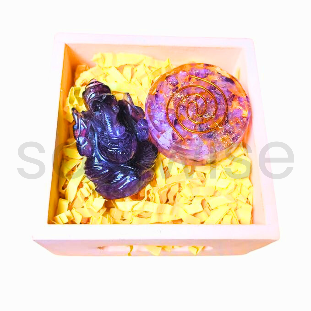 Amethyst Crystal Ganesha Statue 2" & paper weight table Decor Gift Set - Promotes Balance, Peace, Healing & Prosperity.