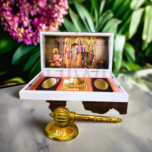 Authentic Diwali Pooja Combo | Ram Darbar Idol with Sidh Hanuman Ji Gadda with Stand – 3 Inch Gold-Plated | | Auspicious Decor for Prosperity & Protection