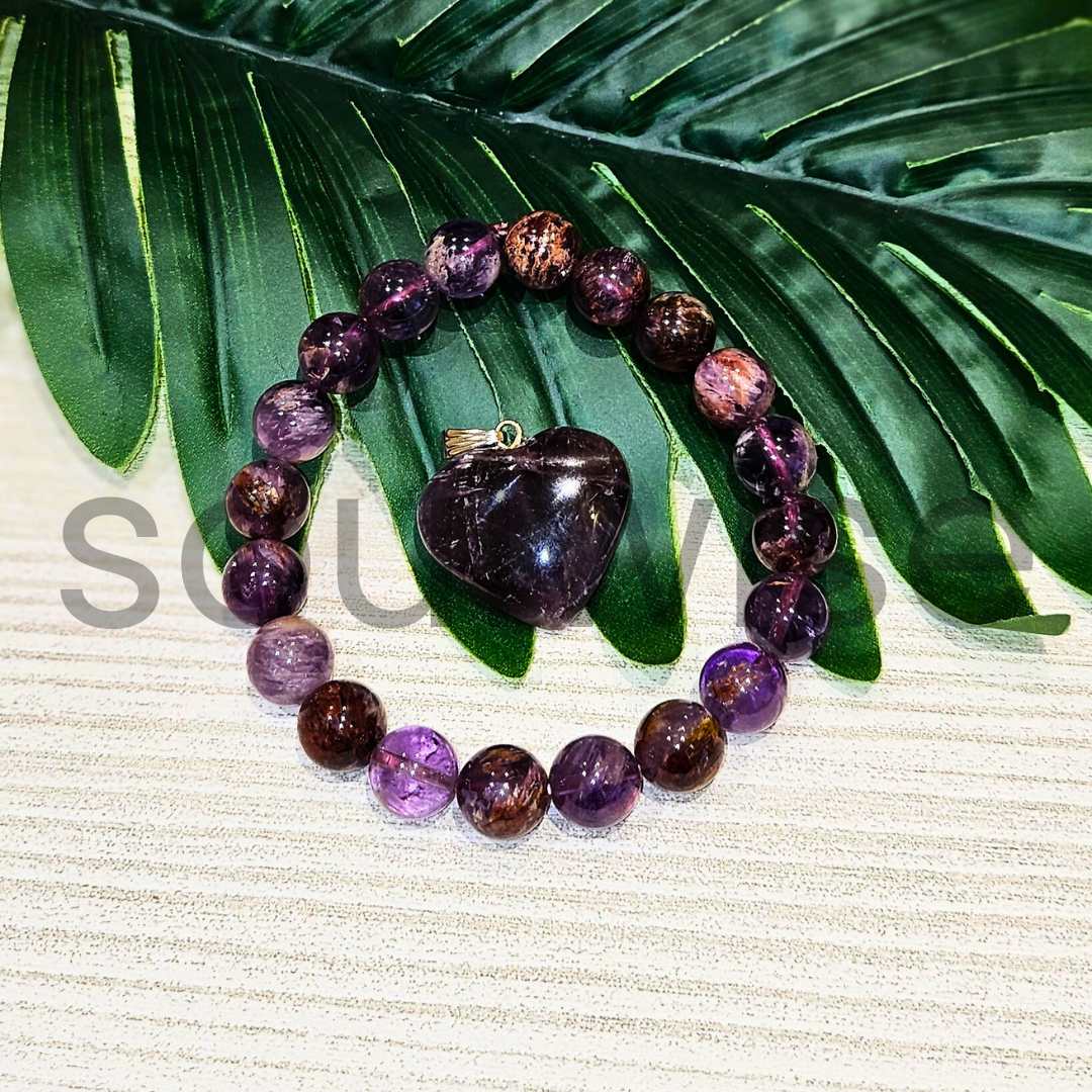 Natural Amethyst Crystal Bracelet (8mm) & Heart-Shaped Pendant Necklace Set – Healing, Protection & Spiritual Balance