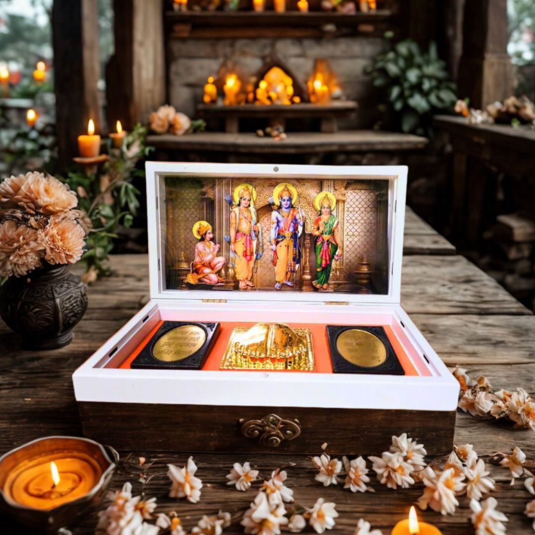 Ram Darbar Pocket Temple Box with Charan Paduka & Ramayan Chaupai, Gold Plated, 1 Piece 8"x5"