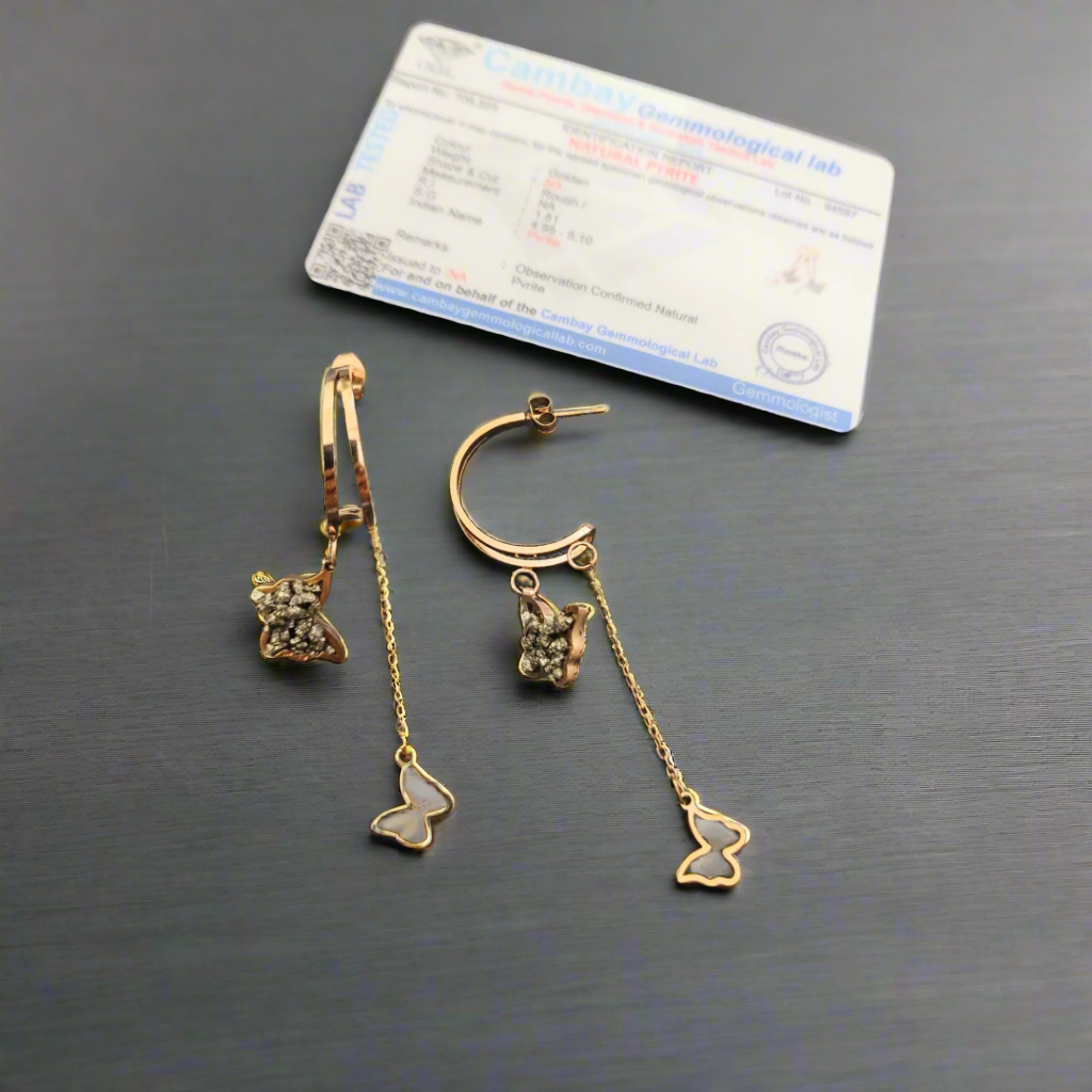 Natural Pyrite Butterfly Drop Earrings, Rose Gold-Plated , Certified