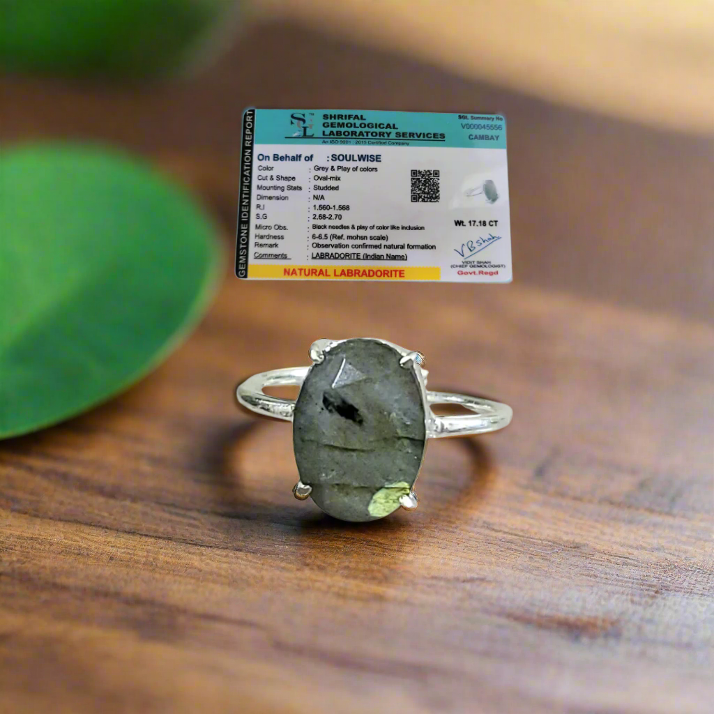 Labradorite Gemstone Ring, Certified, Adjustable