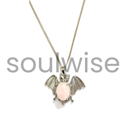 Rose Quartz Crystal Bat Symbol Pendant Necklace – Natural Healing Stone for Protection, Transformation & Self-Love (Unisex Gift)