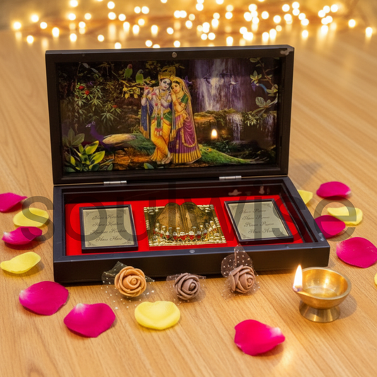 Diwali Pocket Temple - Radha-Krishna Decorative Gift Box with Chaupai & Charan Paduka | Handcrafted Wooden Mini Mandir