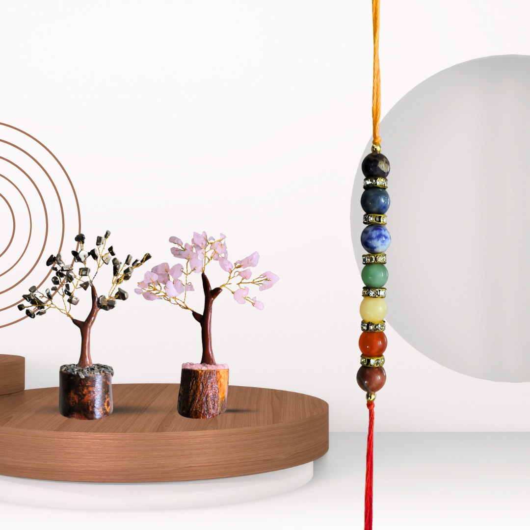 Soulwise Rakhi Gift for Brother – Rose Quartz & Pyrite Crystal Tree Set with Wooden Base (6") + Designer 7 Chakra Healing Stone Rakhi – Raksha Bandhan Special Combo Gift.