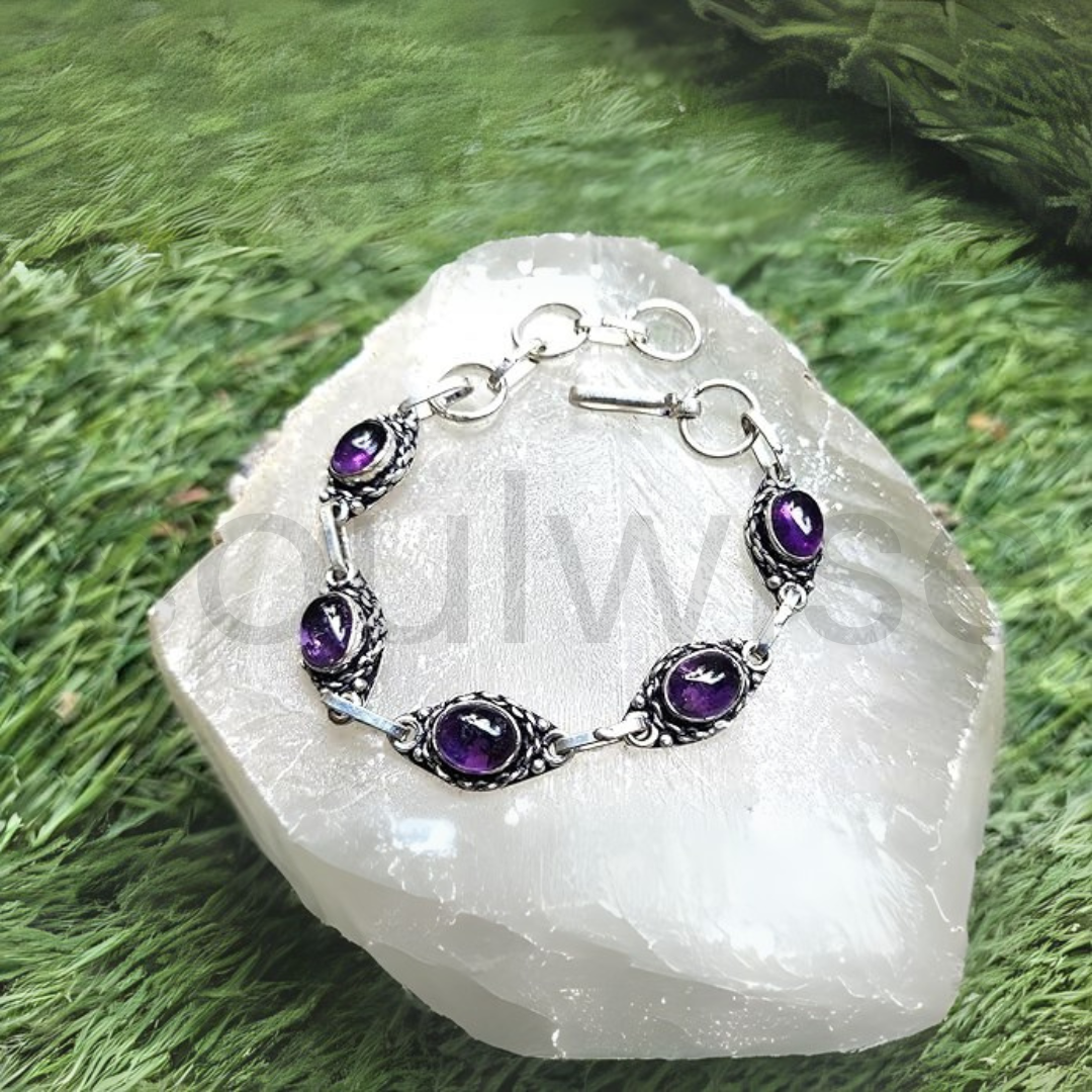 Amethyst Crystal Embedded Healing Bracelet – Natural Gemstone Energy Bracelet for Meditation, Stress Relief & Chakra Balancing