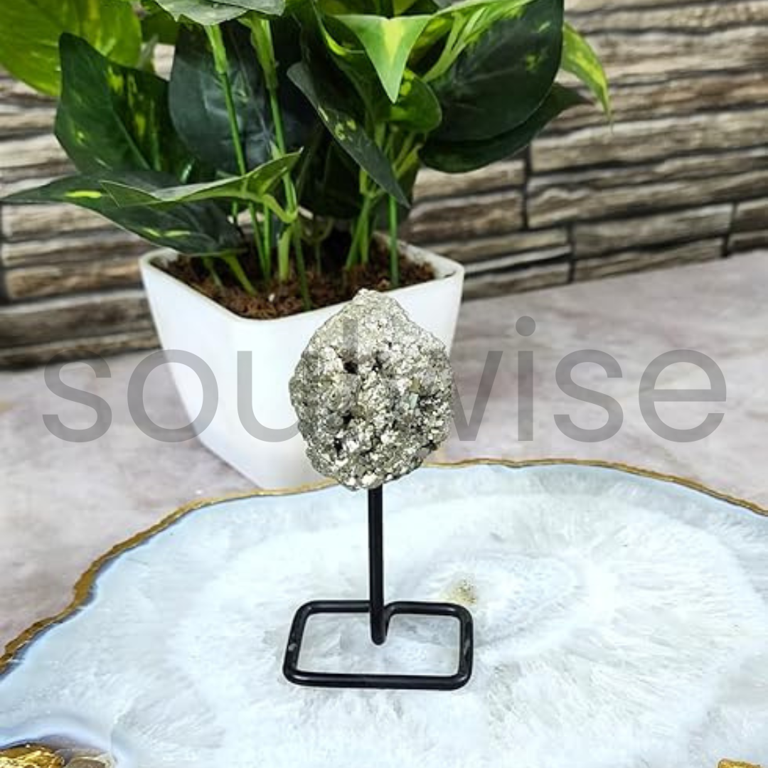 Soulwise Natural Pyrite on Metal Stand – 3" Golden Healing Crystal for Energy Balancing, Motivation & Table Décor