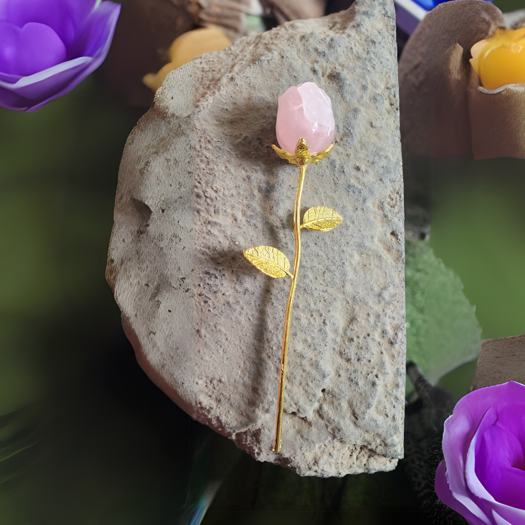Natural Rose Quartz Crystal Rose with Gold-Toned Stem