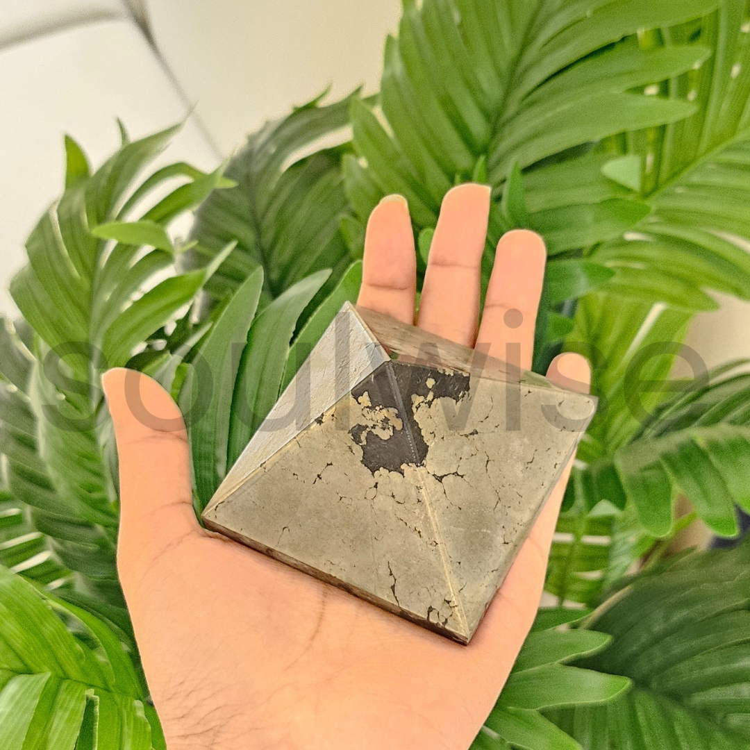 Soulwise Natural Pyrite Crystal Pyramid – Golden Energy Stone for Motivation, Focus & Harmonizing Spaces