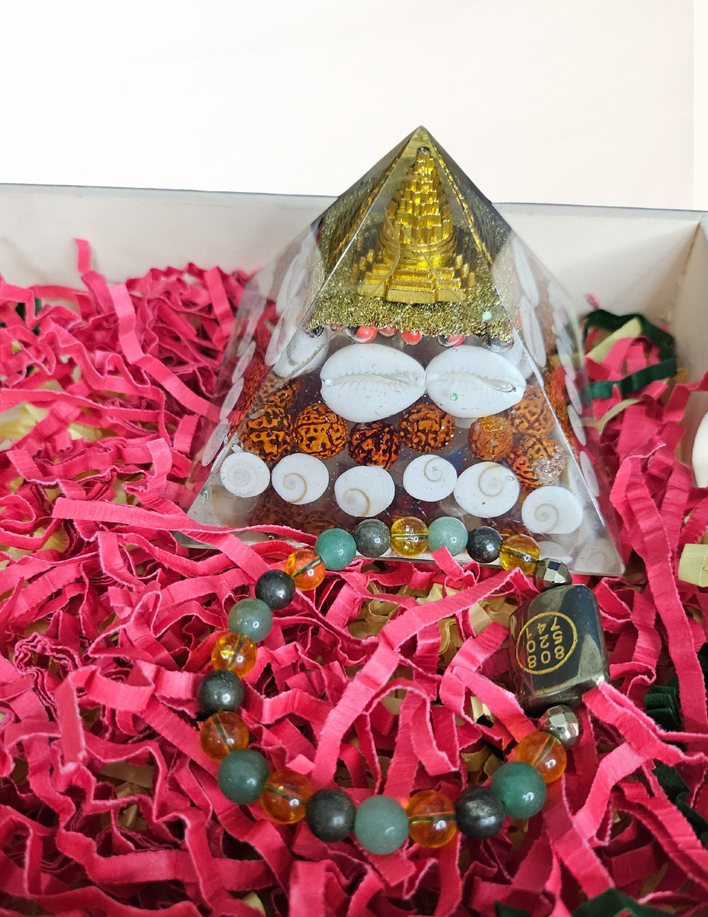 Soulwise Rakhi Gift for Brother Zibu Wealth Bracelet with Certified Pyrite, Green Aventurine & Citrine Crystals (8mm) + Laxmi Pyramid Combo.