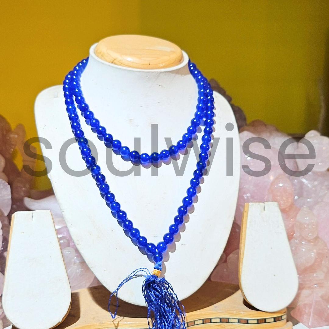 Soulwise Blue Agate 8mm Jaap Mala with 108+1 Beads – Natural Healing Crystal for Meditation, Chanting, Spiritual Balance & Energy Alignment